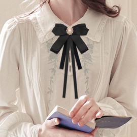 Mantieqingway Bow Ties for Women, Ribbon Uniform Pre-Tied Adjustable Bowknot Womens Bowtie for Party School Pearl Accessories, Black, Medium