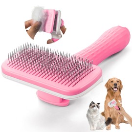Pet Brush,Dog brush for Shedding,Cat brush with release button，Self Cleaning Slicker Brushes for Dogs&Cats,Pet Grooming Brush Tool Gently Removes Loose Undercoat,fine needle（Pink）