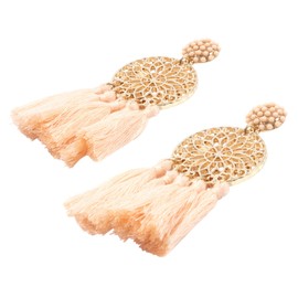 Happiness Boutique Women's Statement Earrings with Tassels in Nude Colour, Tassel Earrings Flower Design in Gold Colour, Cotton Jewellery beads Cotton Nickel and lead free zinc