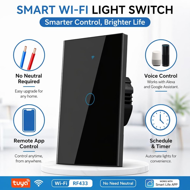 Lsliangmei 2.4GHz WiFi Smart Wall Touch Light Switch (Glass Panel,