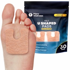 Mars Wellness U-Shaped Callus Pads for Feet, 1/4" Thick, Flesh Colored, Pack of 30 with Adhesive Backing - Callus Remover for Feet, Callus Cushions
