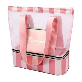 Two KAT Insulated Cooler Compartment Mesh Beach Tote Bag, Large Capacity Waterproof Wet Dry Separation Zipper Stripe Backpack (Pink)