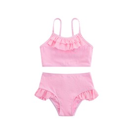 LIZENS Girls Swimsuits Two Piece Bikini Set Flounce Striped Bathing Suit for Kids 2-12 Years(LG118G01,6-7T) Pink
