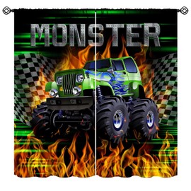 Mchenxin Cartoon Green Truck Curtains for Kids, Burning Flame Monster Truck Racing Flag Print Window Treatments Curtains for Boys Teens Bedroom Playroom, 42x45in (No Blackout)