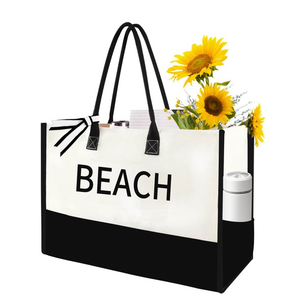 Genovega - Bolsa de playa de lona extragrande con inicial,