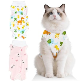 2 Pack Cat Recovery Suit Breathable Cotton Cat Onesie for Post-Surgery Care Prevent licking of wounds (Pink & White, S)