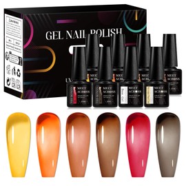 MEET ACROSS 8PCS Jelly Gel Nail Polish Set 6 Colors Crystal Gel Polish Transparent Burgundy Wine Red Nail Polish Set Brown Grey Amber Nail Polish Kit Manicure Gift