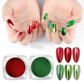 BASEMMAHER 2 Colors Red Green Chrome Nail Powder Metallic Effect Mirror Powder for Sparkly Nails Art Design Holographic Glitter Pigment Dust for Manicure Decorations
