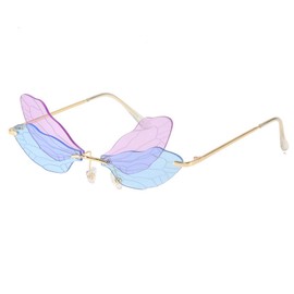 LASPOR Butterfly Rimless Sunglasses for Women Vintage Gold Metal Frameless Dragonfly Glasses UV400 Protection Eyewear (Purple Blue)