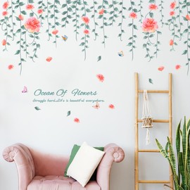 Peony Wall Decals – Reusable Floral Wall Stickers with Red & Pink Hanging Vines and Eucalyptus Leaves, Perfect Wall Decor for Wedding, Nursery, Bedroom, Living Room & Home Decoration