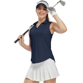 Gopune Women's Sleeveless Golf Polo Shirts Collared V-Neck Tennis Tank Tops UPF 50+ Quick Dry Lightweight Polo Navy,L