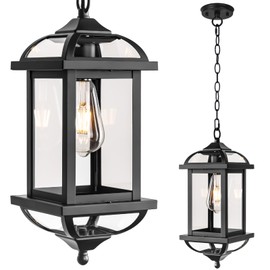 Roravilila Large Outdoor Pendant Light Fixture Ceiling 16 Inch, Anti-Rust Aluminum Outdoor Chandelier for Porch with IP65 Waterproof Clear Glass Exterior Ceiling Mount Hanging Light, Matte Black