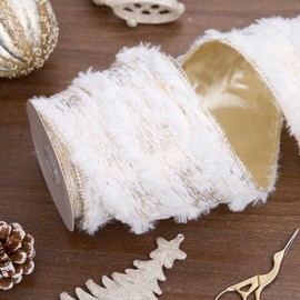 PAPER FAIR 4 Inch Christmas Wired Ribbon for Wreath Crafts, 4'' x 6 Yds (18 Feet), Metallic Gold Birch Pattern Ivory Faux Fur Ribbon, Extra Wide Xmas Wired Ribbon for Garland, Swags