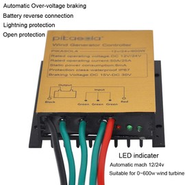 Pikasola Mini Wind Turbine Generator Controller IP67 Waterproof 12V/24V Automatic Controller for 400W/500W/600W Wind Turbine System