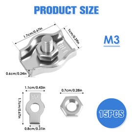 Pack of 15 Wire Rope Clips M3 Made of Stainless Steel, 3 mm Wire Rope Clamp, Reusable Cable Clips for Washing Lines, Awnings, Fences, Steel Cable Applications, Rust Resistant and Durable