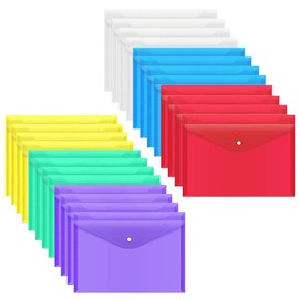 Pack of 24 Document Folders, A4 Document Bag, Transparent with Press Stud, Colour Document Bag, Waterproof Plastic Organiser Bag for Home, School, Office, Document Storage, 6 Colours