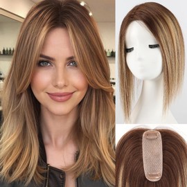 starluck Hair Toppers for Women Real Human Hair 4.5"*1.5"Silk Base ombre Brown balayage No Bangs 100% Real Human Hair Toppers for Women with ThinningHair Cover Gray Roots