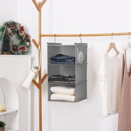 MAX Houser 3 Tier Shelf Hanging Closet Organizer, Closet Hanging Shelf with 2 Sturdy Hooks for Storage, 2 Pack, Foldable (Grey)