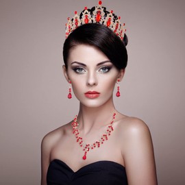 Geurlev - Tiaras y coronas de vidrio para mujeres y niñas, tiara de boda con joyas para novia, cumpleaños, cosplay (GE1001) (juego rojo dorado)