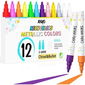 Anyo 12 Pack Chalk Markers for Blackboard, Window Paint with 6mm 2-in-1 Bold Nib Tip, Metallic & Neon Color Wet Erase Window Markers for Glass Washable, Glass, Mirror, Blackboard, Bistro, Menus