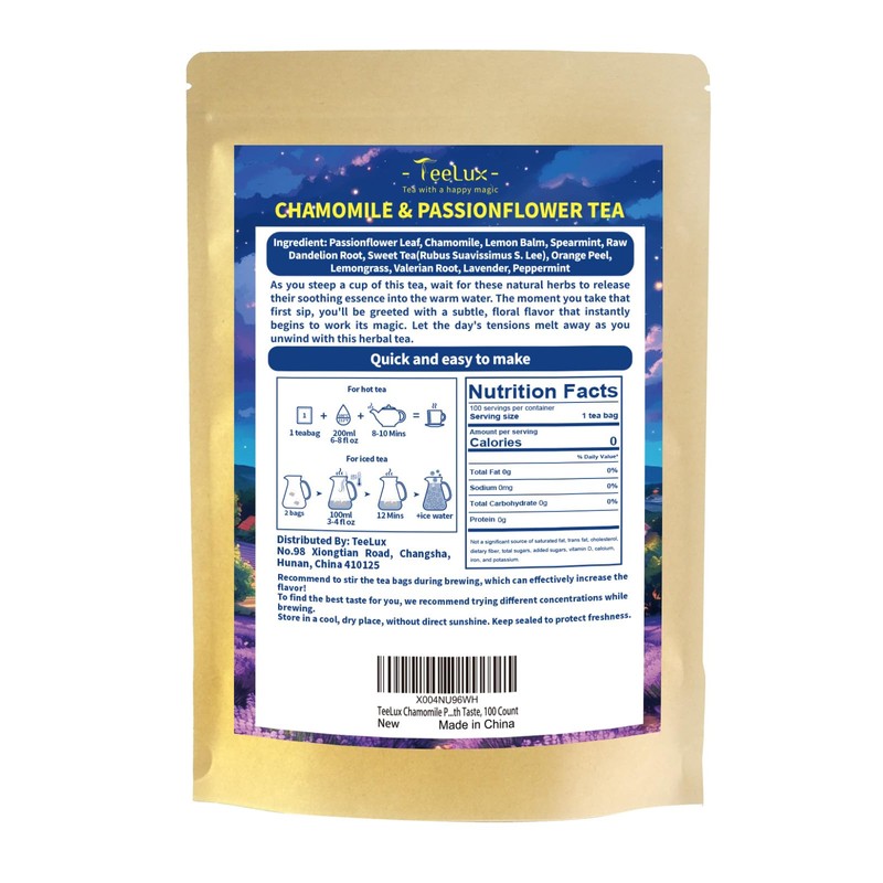 TeeLux Chamomile Passionflower Tea Bags, Smooth & Soothing Taste, 100