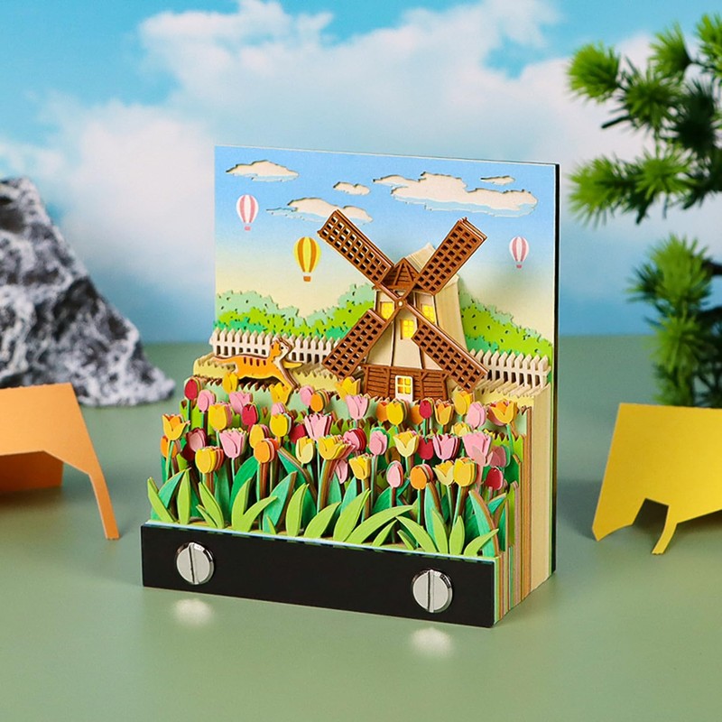 SIWEME 3D Memo Pad, Windmill 3D Notepad Paper Carving Non-Stick