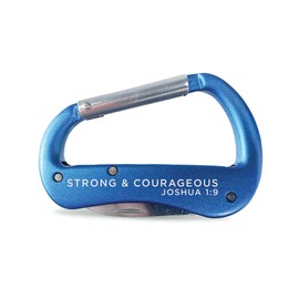 5-in-1 Bible Verse Carabiner Multitool - Strong and Courageous, Joshua 1:9 - Blue Clip Carabiner Keychain with Knife, Screwdrivers, Nail File & Bottle Opener - Christian Pocket Tools For Men