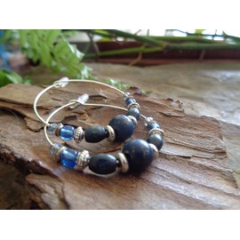 Jeans blue crystal glass wooden hoop earrings. Unique, lightweight earrings made from a great material mix in blue
