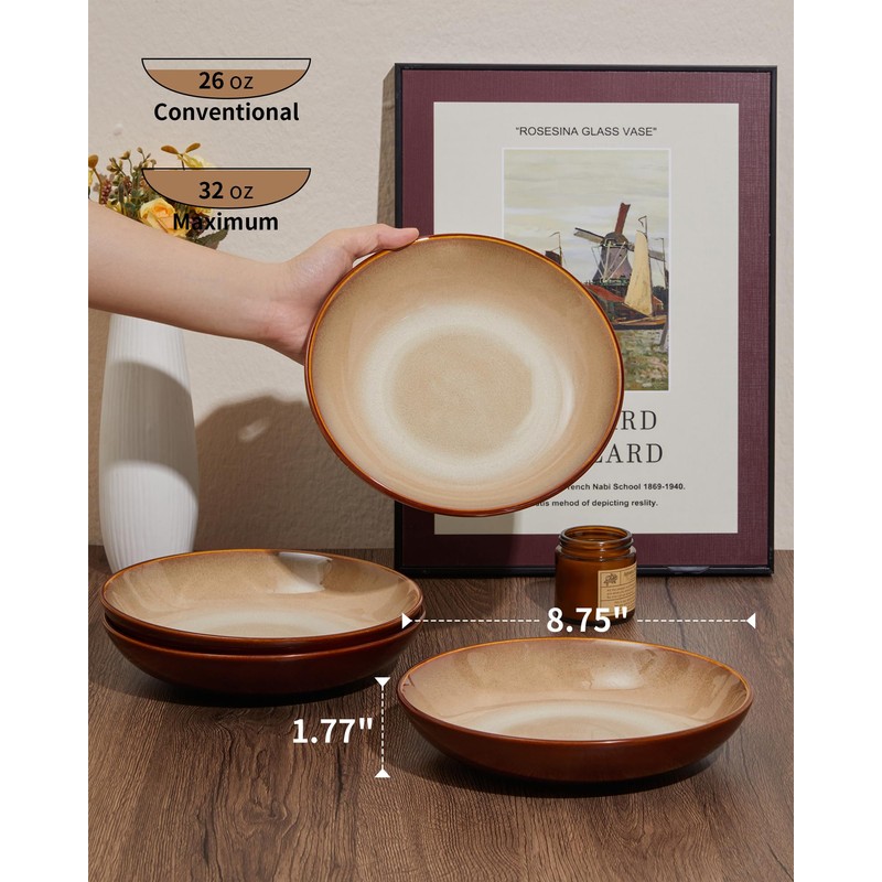 Pokini 8.75 Inch Large Ceramic Pasta Bowls, 32 Oz Reactive