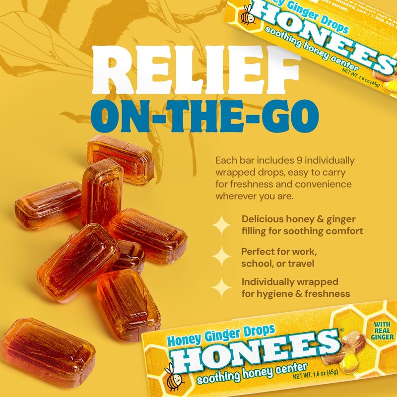 Honees Filled Honey Ginger Drops, Natural Cough Drops- Pure Ginger