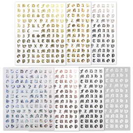 Nails Stickers Nas-028 Alphabet Calligraphy English Letters [Set of 7 Colors] Nail Stickers, Nail Art, Self Nail Decoration, 7 Sheets, Glitter Punchy Round