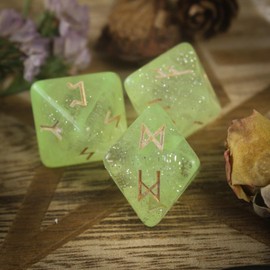 [Magic of Sedona] Rune Dice for Divination, Set of 3, 24 Rune Character Dice (Iridescent Green), Spiritual Divination Item