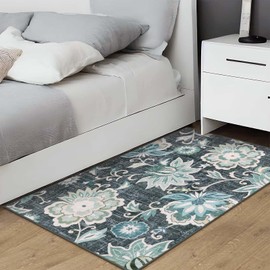 Beeiva Floral Machine Washable Rugs, 3x5 Rug Vintage Rug with Rubber Backing Rug Paisley Blue Rug for Entryway, Ultra Thin Bathroom Rugs for Entryway Bedroom