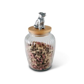 Arthur Court Dog Treat Jar, Stylish Heavyweight Glass Container for Treats Biscuits Bone for Pet, Wood Lid with Airtight Silicone Seal and Cute Metal Dog Knob 11 inch Tall 72 Ounces