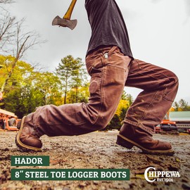 Chippewa Hador 8" Steel Toe Logger Boots for Men - Premium Full Grain Leather, Orthotic Insole, Metallic Shank, EH ASTM F2413 Standards, Tough Bark - 9.5M