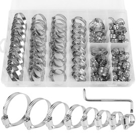 FINGOOO Hose Band, 304 Stainless Steel, 100 Pieces, 8 Sizes, 0.3 - 1.7 inches (8 - 44 mm), Hose Clamp, Motorcycle Parts, Muffler Band, Adjustable, Strong Fixing, Universal Use, Storage Box Included