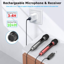 Aveek Wireless Microphone for Karaoke, 2.4GHz Rechargeable Karaoke Microphone(Work 10hs), for Speaker, Karaoke Machine,Church, Speech, Wedding, Party Singing, Grey&Red, 2 Packs