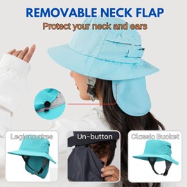 OZ SMART Australia Surfing Bucket Hat with Chin Strap and Ear Covers, Men/Women Wide Brim Sun Hat for with Detachable Neck Flap, UPF 50 UV Protection SkyBlue