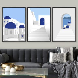 SIGNWIN Framed Canvas Print Wall Art Set Greek Mediterranean Building Collage Places Country Illustrations Modern Bohemian Scenic Colorful Ultra for Living Room, Bedroom, Office - 16"x24"x3 Black