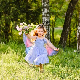 HONMOK 3 PCS Kids Butterfly Wings Costume, Butterfly Outfit with Butterfly Cape Wings & Magic Wand Headband & Tutu Skirt, Fairy Fancy Dress Costume for 3-10y Girls Carnival World Book Day