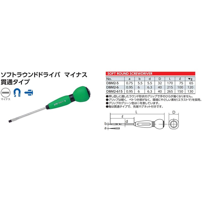 KTC (ke-te-si-) Soft Round Screwdriver Slotted Through Type d8 m2