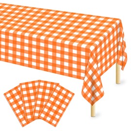Mulbozy Orange Gingham Tablecloth 4 Pack, 54 x 108 Inch Plastic Table Cloth Disposable, Orange and White Checkered Table Cover for Party Supplies