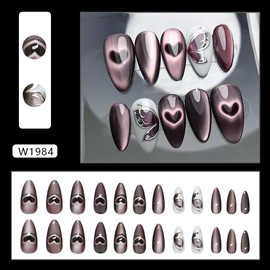 Mkwntg 24Pcs Heart Bling Press on Nails Medium Almond Fake Nails with Silver Butterfly Design Glitter Eyes Full Cover Acrylic Nails False Nails Dark Red Y2K Goth Glossy Stick on Nails for Women Decor