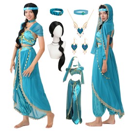 Akokvlar 8pcs Arabian Princess Costume for Women Adult Dress with Accessories Wig (Medium, Blue)