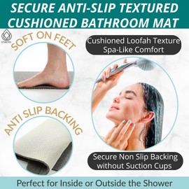 Enkosi Loofah Non Slip Shower Mat Grey – Secure Anti Slip Bath Mat - Inside or Out, Tub, Walk-in Stall, Bathtub - Floor Safety Bathroom Mats – Cushioned, PVC, Quick Dry with Drain Holes (Grey 24x16)
