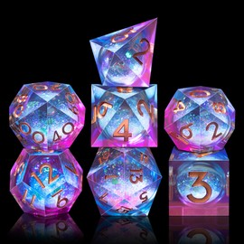 AUSTOR Liquid Core DND Dice Set, 7-Die Sharp Edge Polyhedral Dice Quicksand Handmade Resin Dices for Dungeons and Dragons RPG MTG Table Games, Blue & Violet, Gold