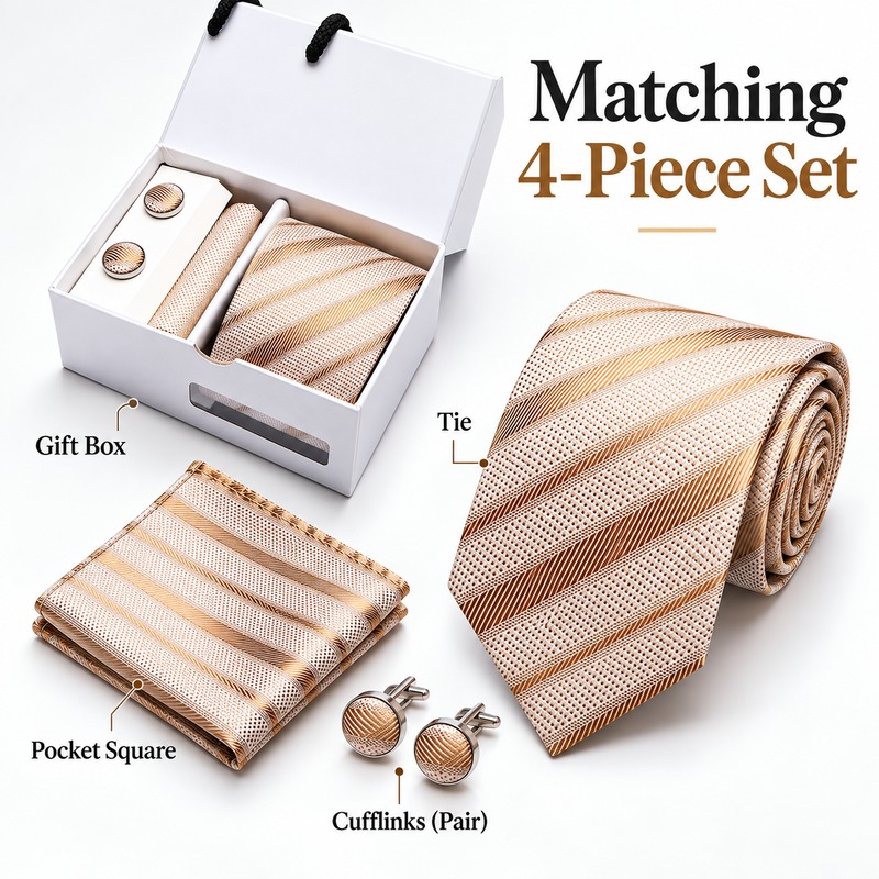 Champagne Gold Striped Silk Tie Gift Set for Men with