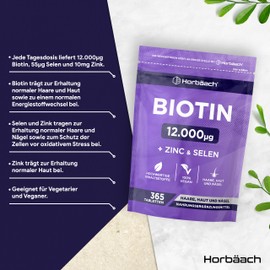 Biotin Zink Selen Hochdosiert Komplex 12.000ug | für Haut, Haare & Nägel | 365 Vegane Tabletten | Ohne Magnesiumstearat | Vitamin B7 for Hair, Skin & Nails | von Horbaach