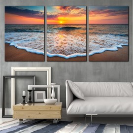Pacimo 3 Pieces Wall Art Decor Beach Canvas Print Picture Sunrise Ocean Waves Scenery Painting Artwork for Office Wall Decor Home Decoration Stretched and Framed Ready to Hang - 20"x28"x3 Panels