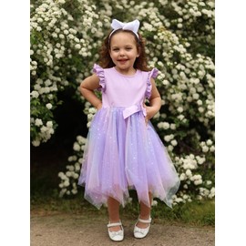 Miipat Toddler Girls Tulle Dress Flutter Sleeve Princess Party Dress Little Kids Fluffy Tutu Sundress(Purple,5-6Years)